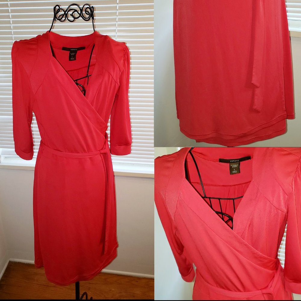 SOLD Valentine Day Red Modern Bodycon Lycra Faux-Wrap-Dress M